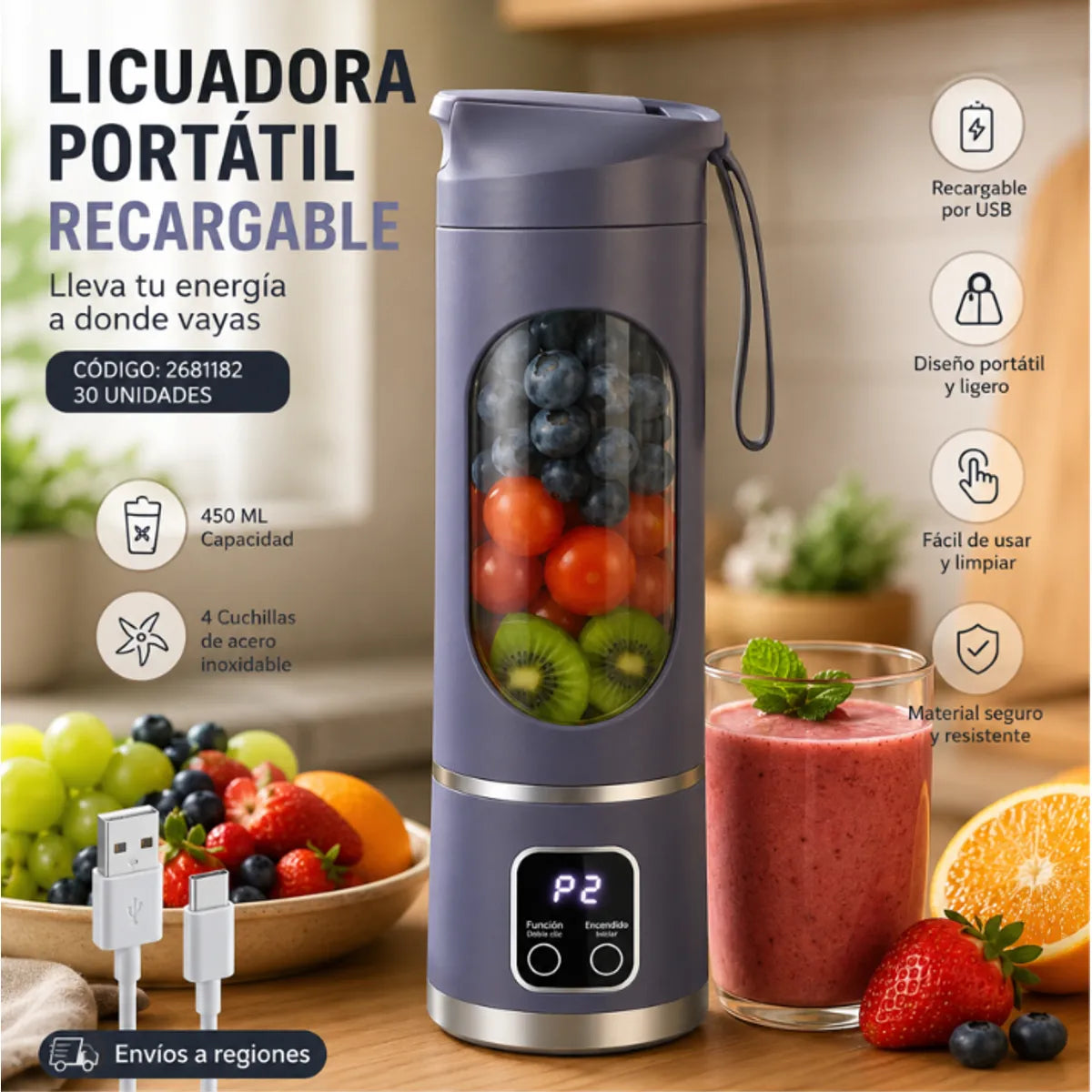 Vaso Licuadora Portatil Recargable Usb